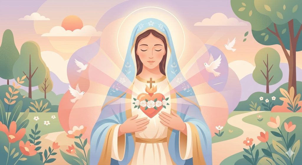 Prière de consécration à Marie - un cœur humain stylisé placé entre les mains de la Vierge